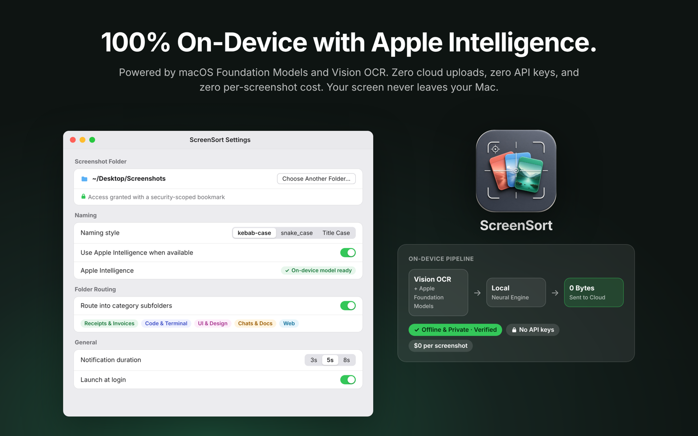 100% On-Device Privacy: Apple Intelligence and Vision OCR run locally. Nothing leaves your Mac.